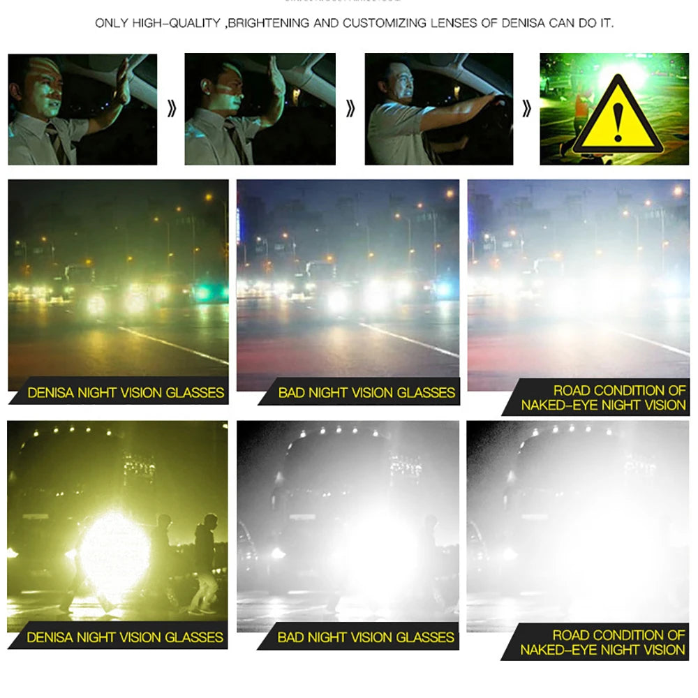 Images illustrate night driving with and without VIVIBEE Mens Polarized Night Vision Glasses. Top: Glasses provide a clear road view. Middle: Several images show varied road visibility. Bottom: Bright glare comparison showcases enhanced detail when wearing the glasses.