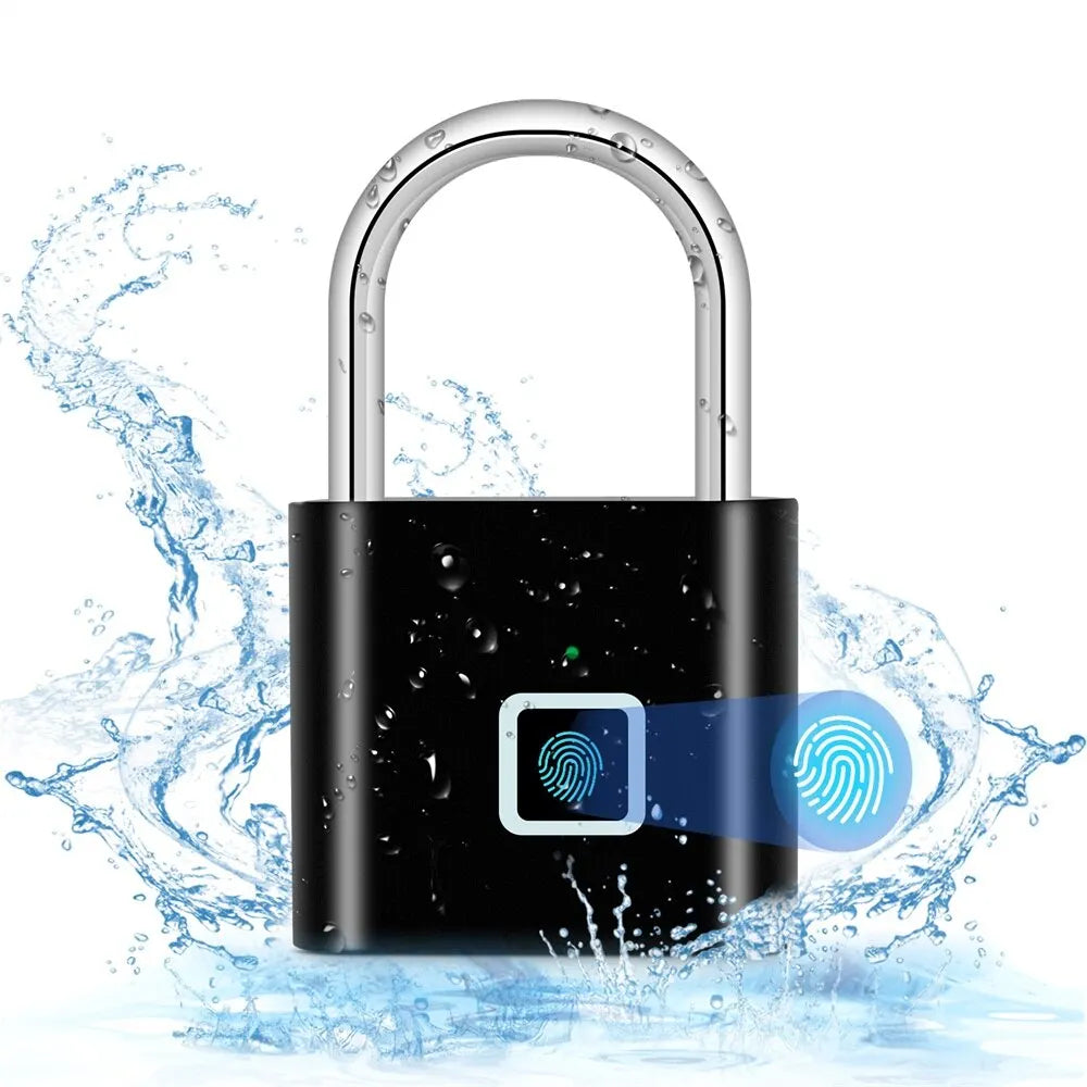 The KERUI Keyless Fingerprint Padlock, featuring a black body and silver shackle, is showcased amidst splashing water. A blue light highlights the advanced scanner technology, emphasizing its fast 0.2s waterproof unlock feature.