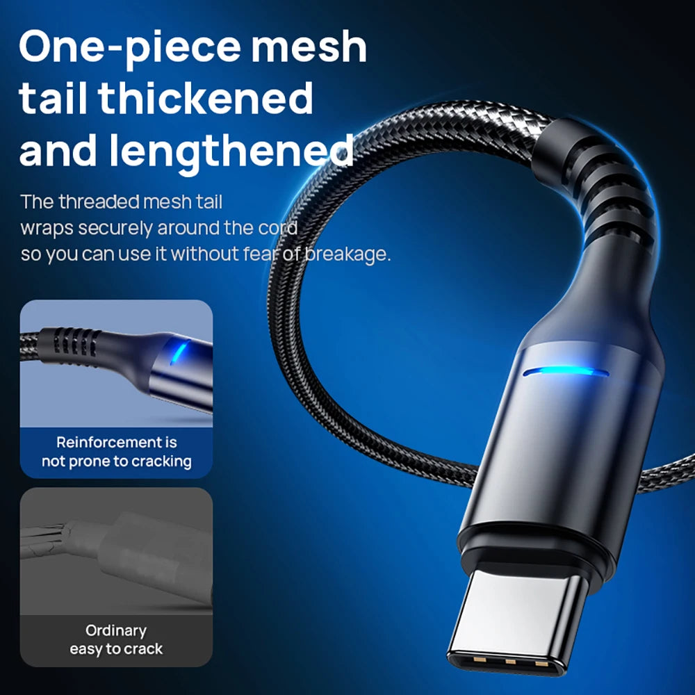 The USB-C 100W Fast Charging Cable With LED Display features a thick, reinforced mesh tail for superior durability and fast charging. Its smart LED display emits a blue glow on the connector, ensuring optimal functionality while resisting cracks better than ordinary cables.