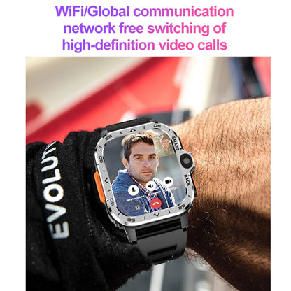 The Valdus PGD Smart Watch for Men, featuring HD video calls with dual cameras, shows a man on the screen. Its black strap wraps around the wrist, while purple text highlights WiFi and global communication capabilities enhanced by 4G connectivity.