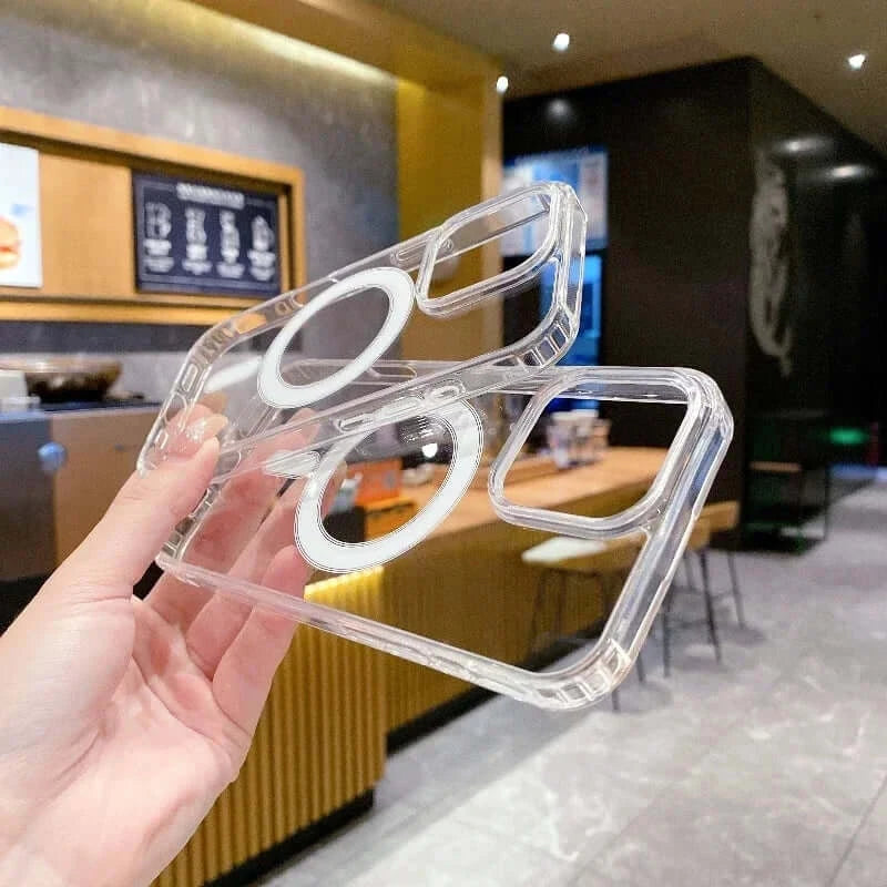 Transparent PC phone case with MagSafe compatibility for wireless charging, showcasing sleek design and durable protection.