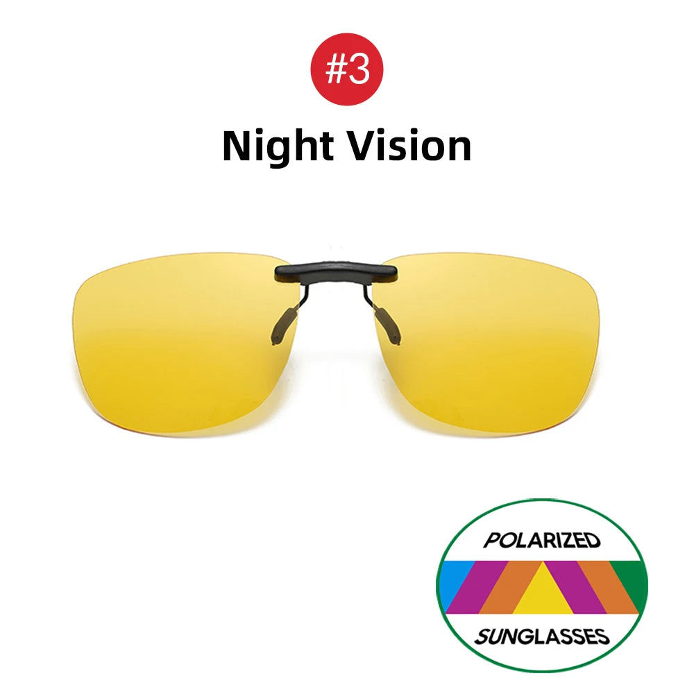 Yellow-tinted sunglasses with a red 3 icon. Below, a circular badge shows Polarized Clip-On Sunglasses - UV400 Anti-Glare Protection, featuring a multicolored triangle design.