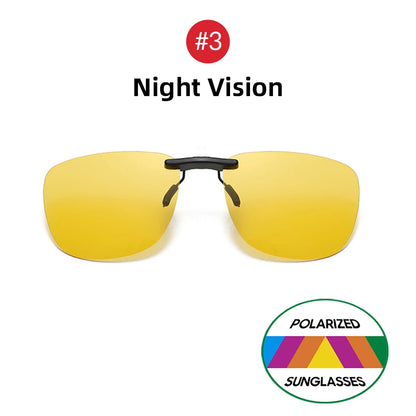 Yellow-tinted sunglasses with a red 3 icon. Below, a circular badge shows Polarized Clip-On Sunglasses - UV400 Anti-Glare Protection, featuring a multicolored triangle design.