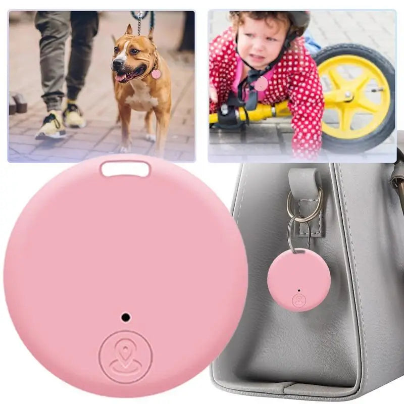 The Seamopar Mini GPS Tracker is shown in pink, ideal for attaching to a dog’s collar or child’s clothing. A close-up on a bag is featured, alongside images of a dog walking and a child on a scooter, providing anti-theft alerts for added peace of mind.