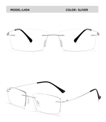 The YINSQER Titanium Rimless Reading Glasses, Model LH04 in Silver, feature a sleek design with clear, scratch-resistant lenses and black temple tips. They are showcased from a front view and a slightly angled perspective.
