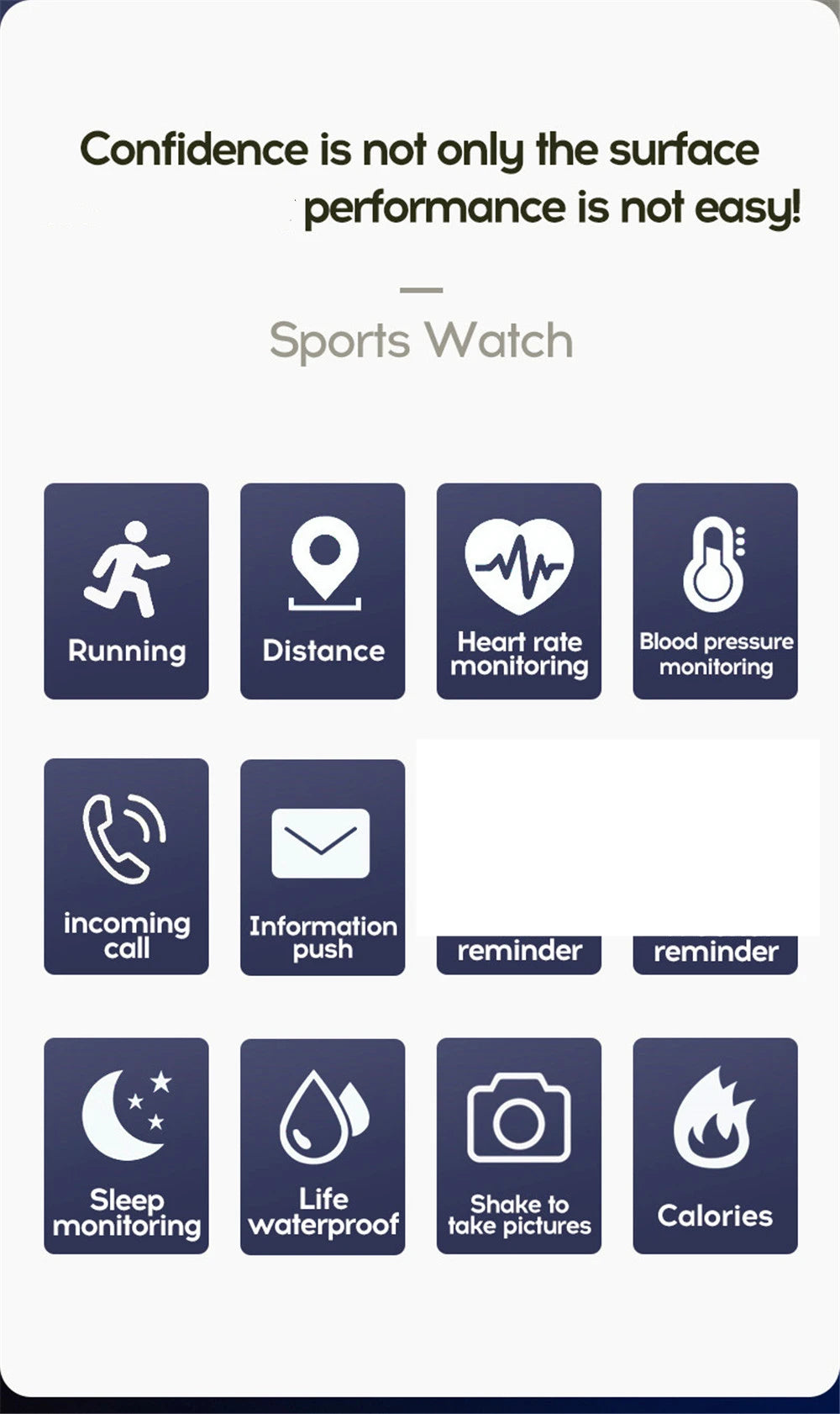 Image showing the interface of a Smart Watch for Men & Women - Bluetooth Fitness Tracker with icons for Running, Distance, Heart rate and Blood pressure monitoring, Bluetooth Music Control, Incoming call, Info push, Reminder, Sleep monitoring; its life waterproof and allows shake-to-take-pictures.