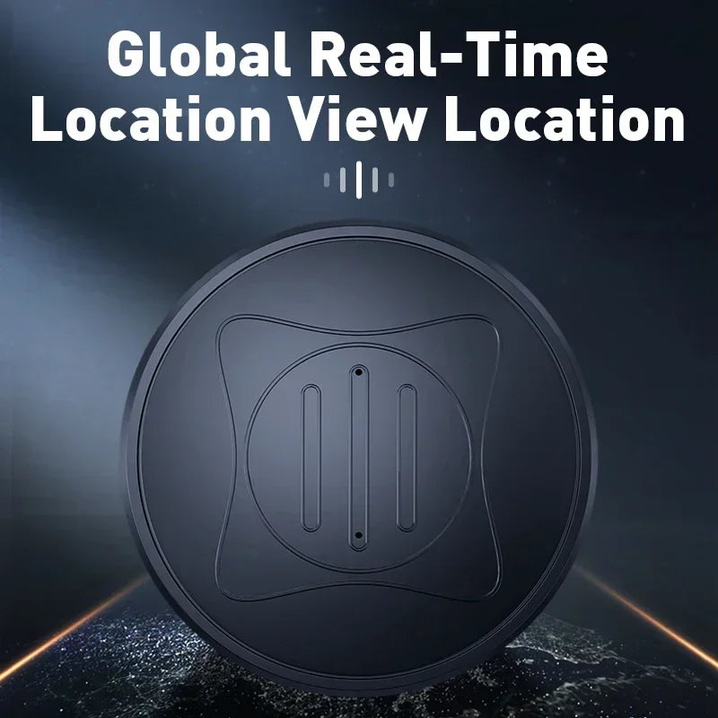 A Mini Magnetic GPS Tracker: Real-Time Pet Locator is centered on a dark background with white text above stating, Global Real-Time Location View Location.
