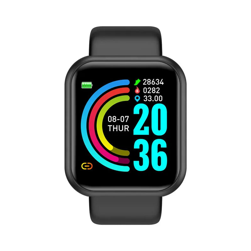 The Smart Watch for Men & Women features a sleek black rectangular design with a display showing health metrics, Bluetooth music controls, date (08-07), time (Thursday, 20:36), colorful progress bars for steps, calories, distance, and a battery icon at the top left.