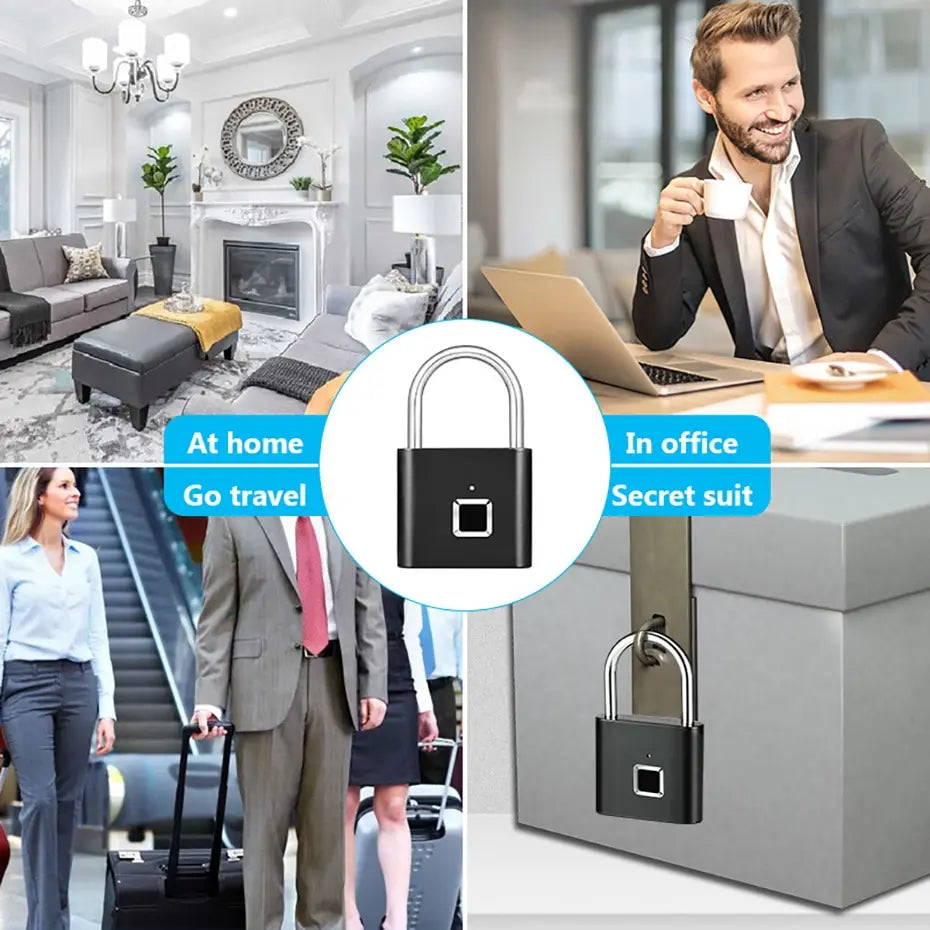 A collage showcases the KERUI Keyless Fingerprint Padlock with its fast 0.2s waterproof unlock. Top left: a living room, top right: a man in an office, bottom left: travelers with luggage, bottom right: the padlock securing a box labeled At home, Go travel, In office, Secret suit.