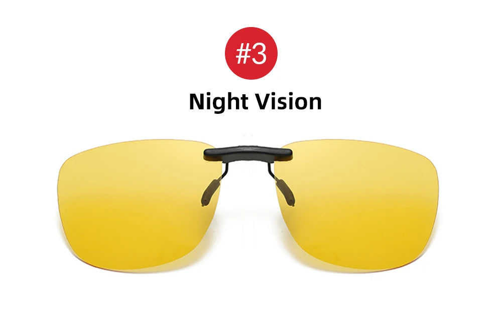 The Polarized Clip-On Sunglasses, with yellow lenses and a black frame, are shown on a white background. A red circle above displays #3 and Night Vision in bold black text. These stylish shades provide UV400 anti-glare protection for clear, safe nighttime visibility.