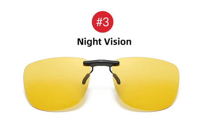 The Polarized Clip-On Sunglasses, with yellow lenses and a black frame, are shown on a white background. A red circle above displays #3 and Night Vision in bold black text. These stylish shades provide UV400 anti-glare protection for clear, safe nighttime visibility.