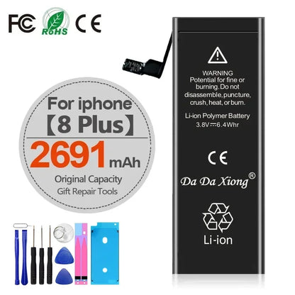 Image of High Capacity iPhone Battery 4-11 Pro Max 1800mAh+, featuring extended battery life, repair tools included, with certification logos and safety warnings printed on the battery.