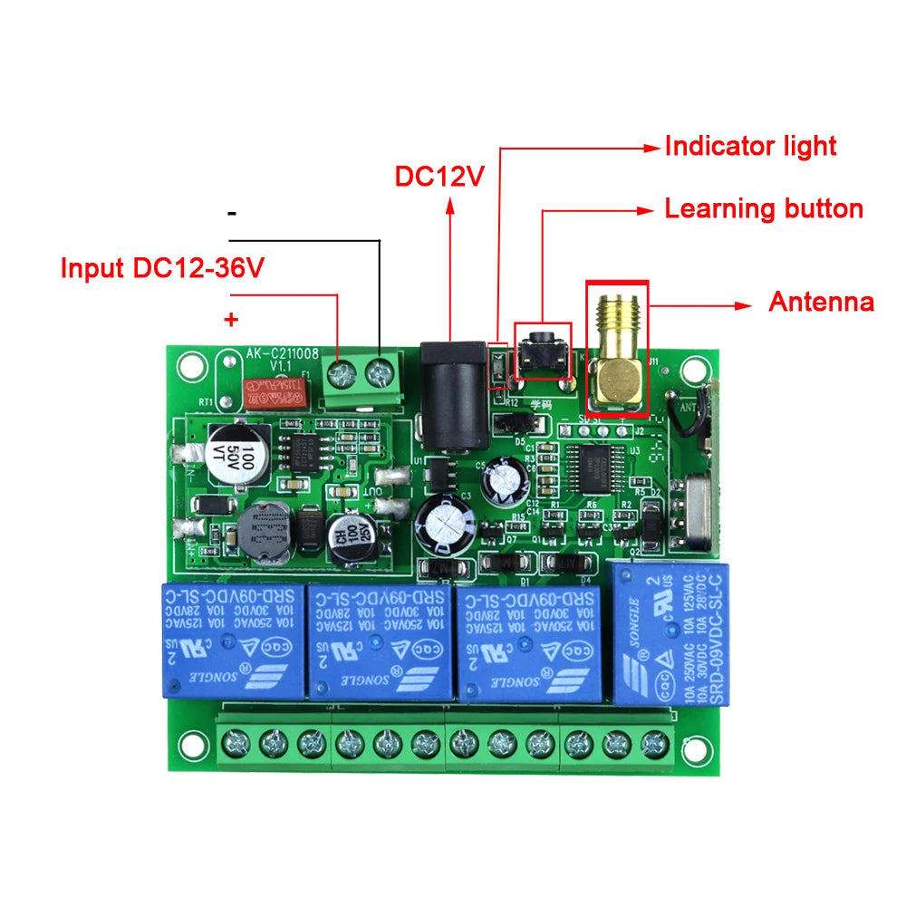 Smart 4 Channel RF Relay Switch - 10A Remote Control
