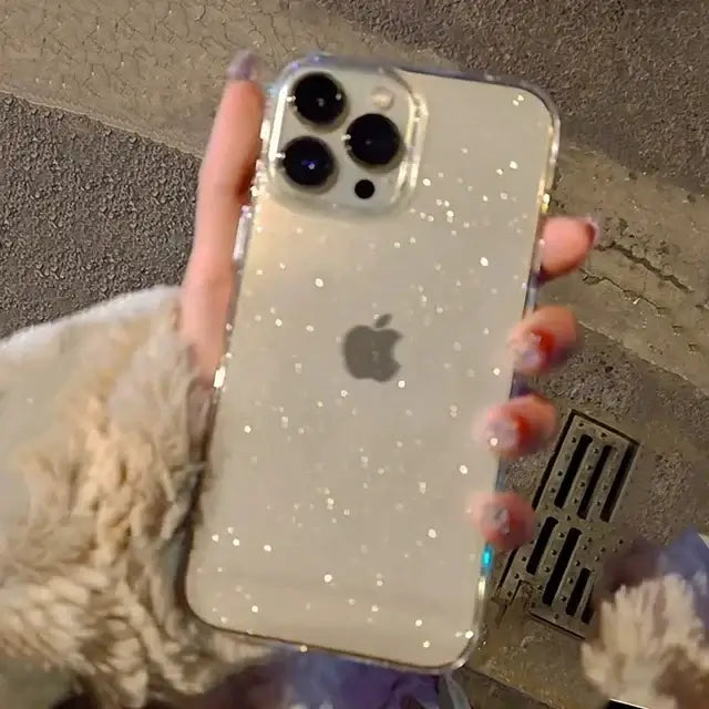 Luxury Bling Glitter Clear Phone Case on iPhone Pro Max held in hand, showcasing elegance and protection with a soft silicone anti-scratch design.