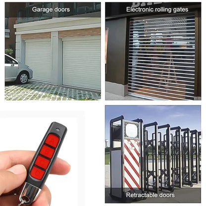 Four images display: garage access doors, electronic rolling gates, the Universal 433MHz Wireless Remote Control For Garage Access with red buttons held in a hand, and retractable security doors. Each type is labeled in the image.