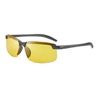 The HARKO Polarized Night Vision Cycling Sunglasses feature yellow lenses in a sleek semi-rimless design with dark gray temples, perfect for outdoor adventures. Set against a white background, they combine style and function.