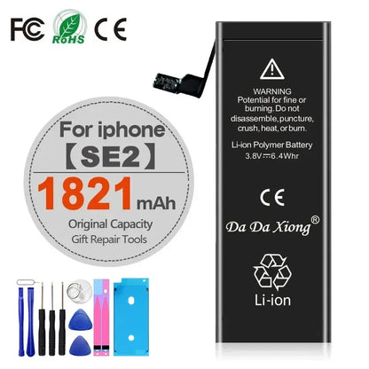 Image displays the High Capacity iPhone Battery 4-11 Pro Max 1800mAh+ with repair tools, certification logos, safety warnings, and Da Da Xiong branding; compatible with iPhone SE2 and models 4-11 Pro Max for extended battery life.