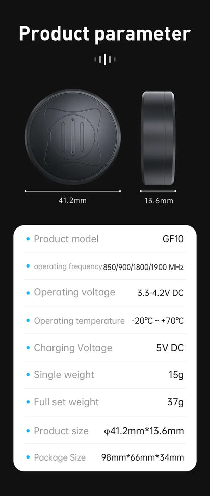 Product parameter sheet for the Mini Magnetic GPS Tracker: Real-Time Pet Locator, model GF10; diameter 41.2mm, thickness 13.6mm; real-time locator, 850/900/1800/1900 MHz, 3.3–4.2V DC input, charges at 5V, weight 37g.