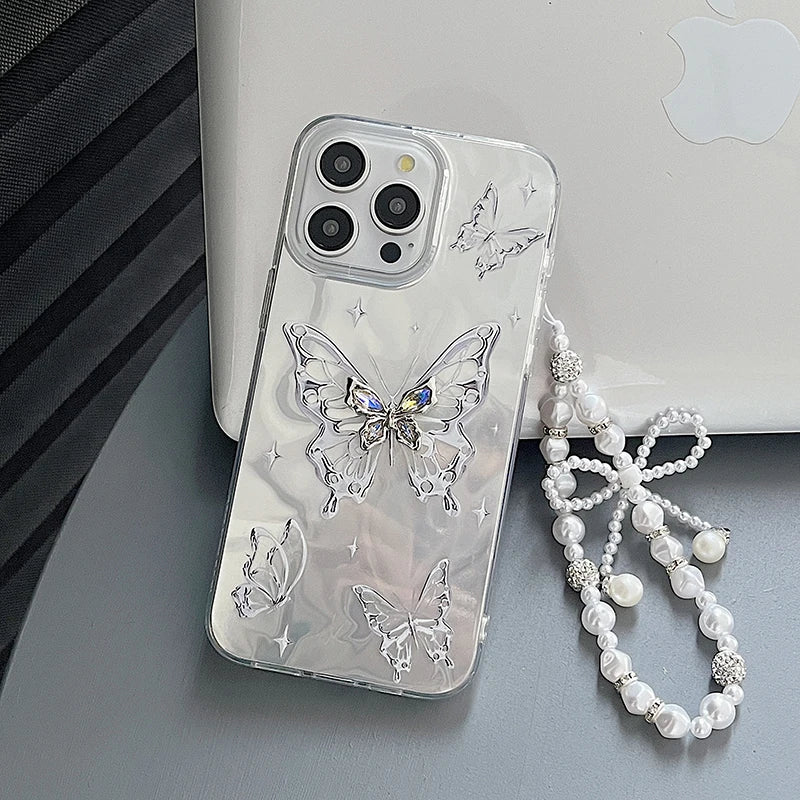 Étui de luxe pour iPhone avec chaîne pailletée en forme de papillon