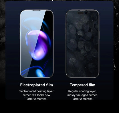 Side-by-side comparison: the left phone with an electroplated film looks clean and shiny, while the right phone with a YKSPACE 2Pcs Anti Blue-Ray Tempered Glass Screen Protector shows messy fingerprints and smudges.