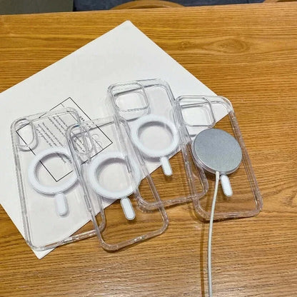 Transparent PC phone case with MagSafe wireless charging feature on a wooden table.
