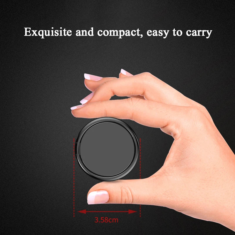 A manicured hand holds the Luxury Metal 360° Rotation Mobile Phone Ring Holder, a small, round black object with a sleek magnetic feature between the thumb and index finger. Text above reads Exquisite and compact, easy to carry, while a red measurement line below shows 3.58 cm.