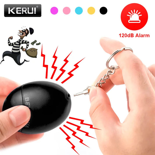 A person pulls a pin from the black oval KERUI 120dB Keychain Alarm, emitting a loud sound as red waves appear. An icon highlights the 120dB alarm, deterring a fleeing cartoon thief—demonstrating this portable self defense device.