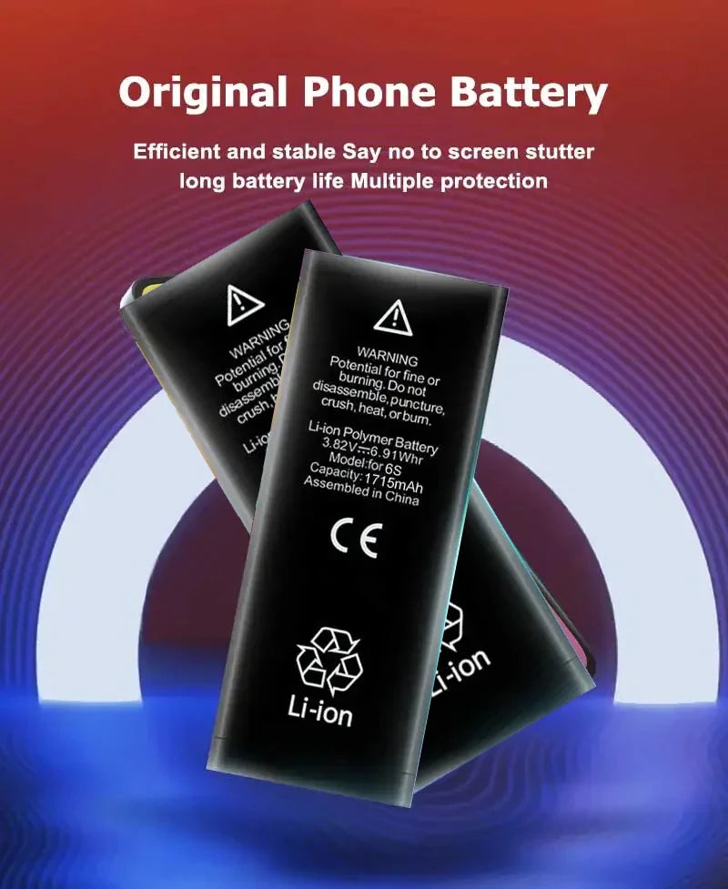 Three High Capacity iPhone Batteries for models 4-11 Pro Max are stacked over a circular pattern with a gradient background, highlighted as original, efficient, and stable, featuring multiple protection and extended battery life.