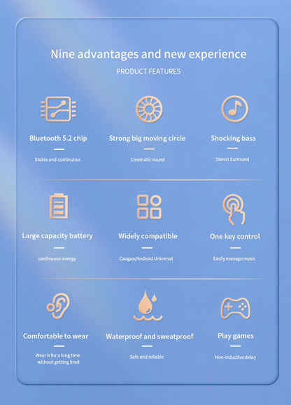 A blue-themed infographic titled Nine Advantages and New Experience features the VAORLO Bluetooth 5.2 Mini Headphone with key benefits: advanced Bluetooth 5.2 chip, robust moving circle, deep bass, long battery life, wide compatibility, easy control; comfortable wear; waterproof; gaming optimized.