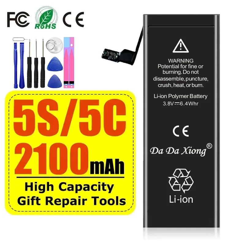 Image of a High Capacity iPhone Battery (Da Da Xiong) for iPhone 5S/5C, with 2100mAh offering extended life. Includes gift repair tools such as screwdrivers and pry tools. Displays safety warnings and certification logos like CE and RoHS.