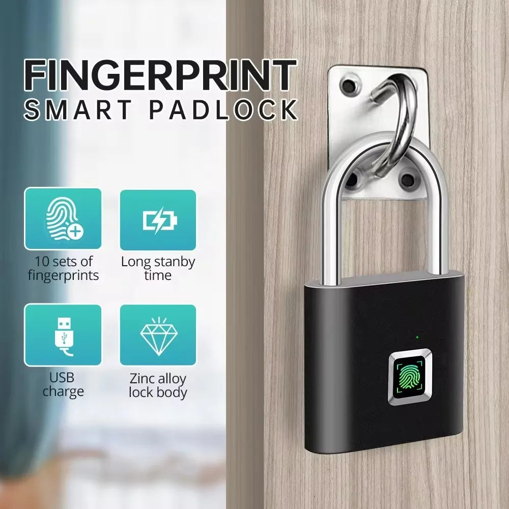 The KERUI Keyless Fingerprint Padlock, displayed on a door latch, uses advanced tech to store 10 fingerprint sets. It offers fast 0.2s waterproof unlocking, long standby time, USB charging, and a durable zinc alloy body.