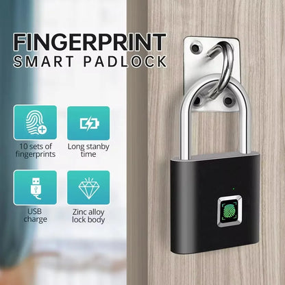 The KERUI Keyless Fingerprint Padlock, displayed on a door latch, uses advanced tech to store 10 fingerprint sets. It offers fast 0.2s waterproof unlocking, long standby time, USB charging, and a durable zinc alloy body.