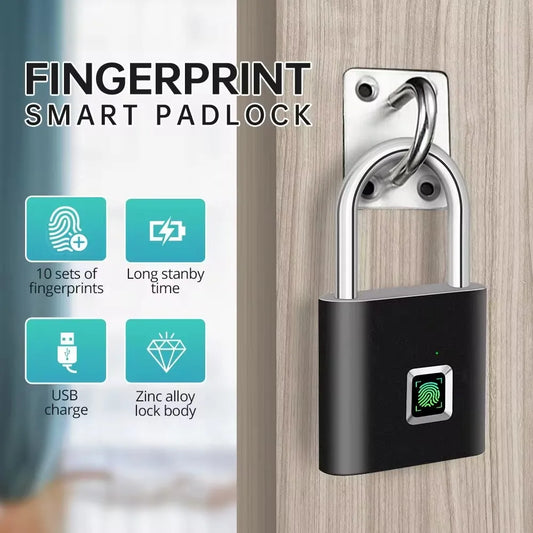 The KERUI Keyless Fingerprint Padlock, displayed on a door latch, uses advanced tech to store 10 fingerprint sets. It offers fast 0.2s waterproof unlocking, long standby time, USB charging, and a durable zinc alloy body.