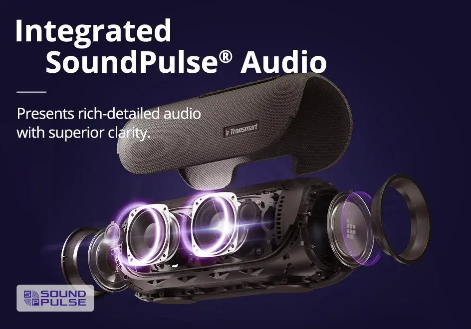 Exploded view of the Tronsmart Bang Speaker 60W Bluetooth with text: Integrated SoundPulse® Audio. Highlights rich-detailed audio and heavy bass with superior clarity, glowing components, branding elements, and seamless app control for a personalized sound experience.