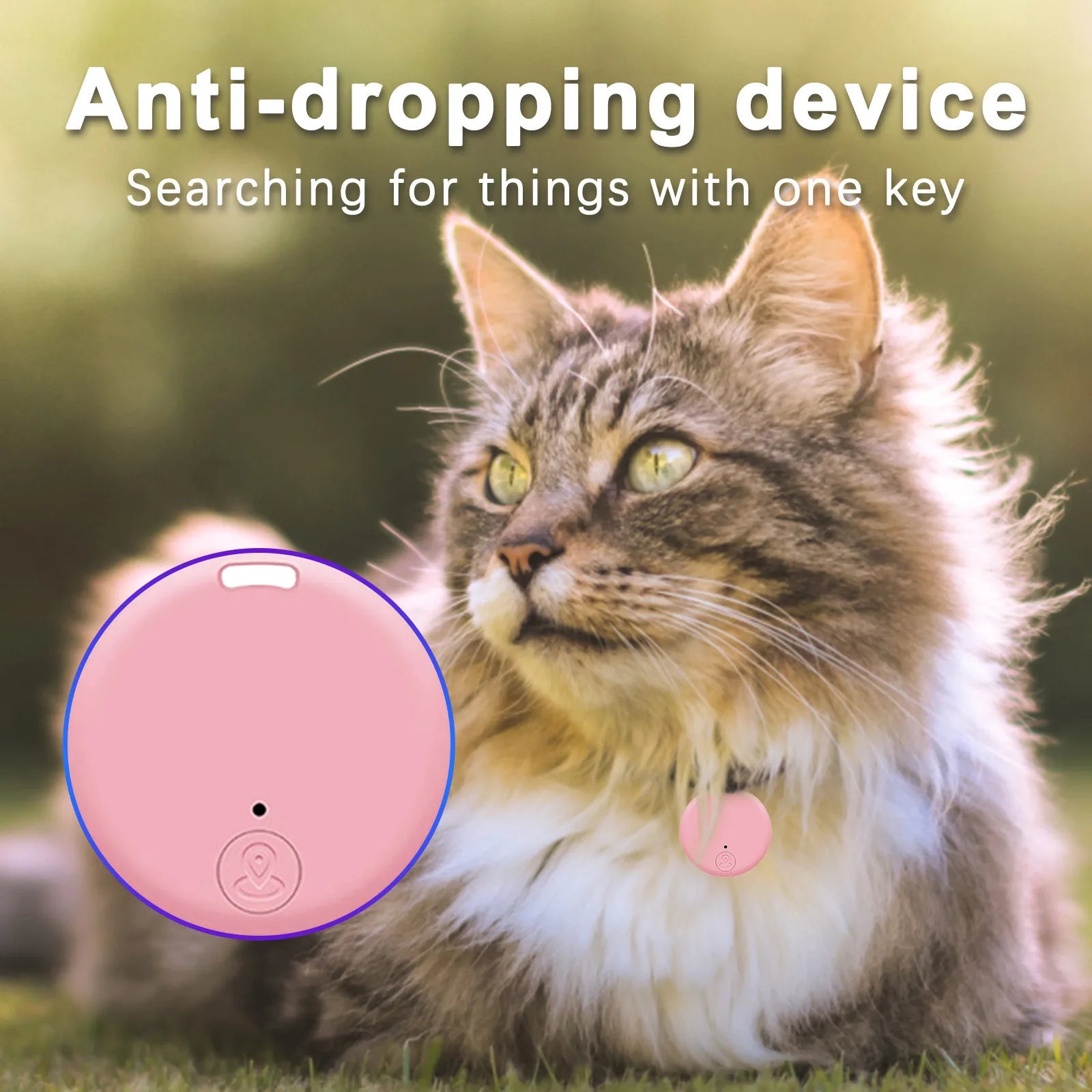 A fluffy gray cat with a Seamopar Mini GPS Tracker—Compact Anti-Lost Bluetooth Key Finder in pink on its collar sits outside. The image caption, Searching for things with one key, highlights the anti-dropping device and features a close-up of the pink tracker on the left.