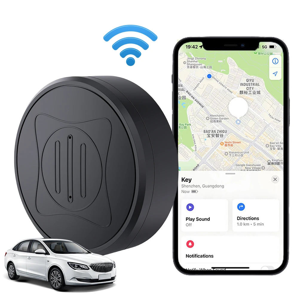 A smartphone showing a map with real-time tracking stands next to the Mini GPS Tracker - Real-Time Magnetic Smart Locator. A white sedan is beneath, while an icon above the tracker highlights wireless connectivity for improved safety alerts.