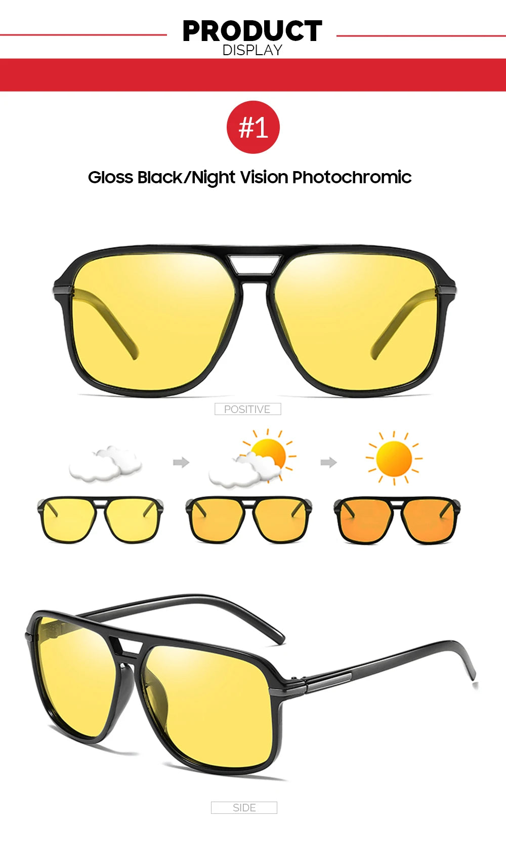Image of VIVIBEE Mens Polarized Night Vision Glasses - Stylish Clarity, featuring black photochromic frames and yellow lenses for night driving. Shows clear-to-dark transition under sunlight with front and side views. Text at top reads Product Display with Gloss Black/Polarized Night Vision Photochromic.