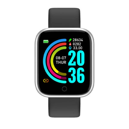 The Smart Watch for Men & Women - Bluetooth Fitness Tracker features a black strap and vibrant screen showing fitness metrics, Bluetooth music control, and time 20:36. It displays the date 08-07 and day THUR with circular progress indicators and numerical data on its digital interface.
