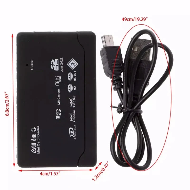 The USB 2.0 Mini Memory Card Reader With Multi-Card Support is shown in black with white icon labels, alongside its 49 cm cable. Red lines display the readers dimensions: 6.8 cm x 4.1 cm, highlighting its multi-card compatibility.