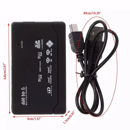 The USB 2.0 Mini Memory Card Reader With Multi-Card Support is shown in black with white icon labels, alongside its 49 cm cable. Red lines display the readers dimensions: 6.8 cm x 4.1 cm, highlighting its multi-card compatibility.