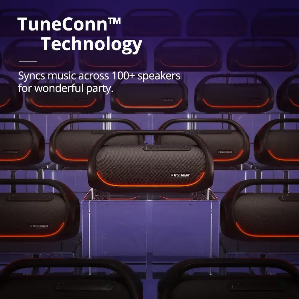 Several Tronsmart Bang Speakers, 60W Bluetooth with heavy bass and app control, are showcased on clear stands against a dark blue background. TuneConn™ technology syncs music across 100+ speakers for an exceptional party experience. They feature orange accents.