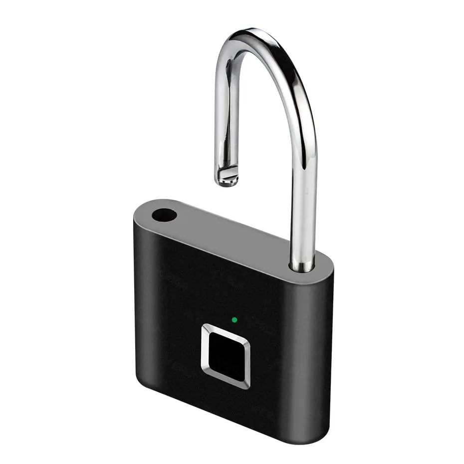 The KERUI Keyless Fingerprint Padlock offers a sleek design with advanced fingerprint technology and a square sensor. Its open silver shackle and small green indicator enhance functionality, making it ideal for stylish, secure use. Fast 0.2s waterproof unlock feature included.