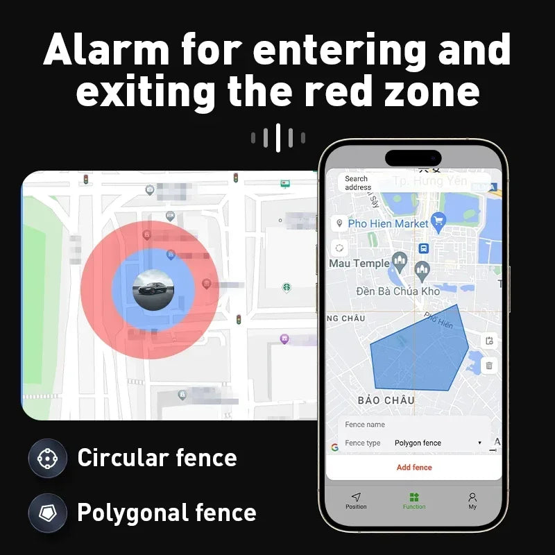 A phone shows a map with blue and red zones using Advanced Positioning Technology, letting you set entry/exit alarms for red areas—ideal for use with the Mini Magnetic GPS Tracker: Real-Time Pet Locator.