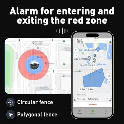 A phone shows a map with blue and red zones using Advanced Positioning Technology, letting you set entry/exit alarms for red areas—ideal for use with the Mini Magnetic GPS Tracker: Real-Time Pet Locator.