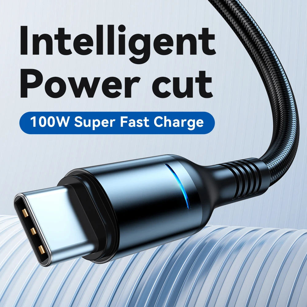 Close-up of the USB-C 100W Fast Charging Cable With LED Display, showcasing its black braided design on a light blue background. The text highlights Intelligent Power cut and Fast Charging, with a glowing blue LED display for Smart Auto Power-Off.