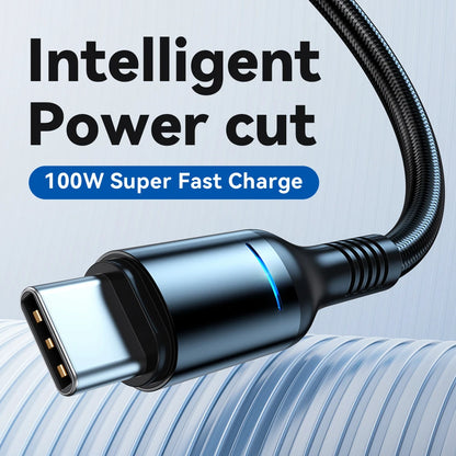 Close-up of the USB-C 100W Fast Charging Cable With LED Display, showcasing its black braided design on a light blue background. The text highlights Intelligent Power cut and Fast Charging, with a glowing blue LED display for Smart Auto Power-Off.