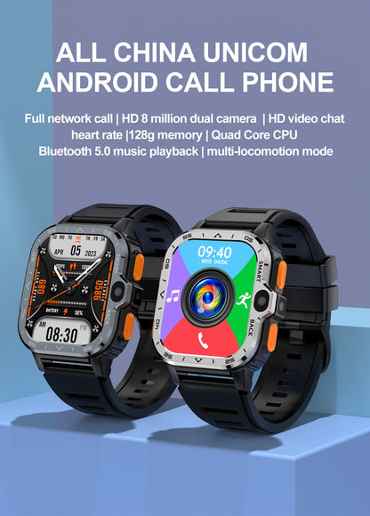 Two Valdus PGD Smart Watches for Men are shown with black bands. The left watch displays time and date, while the right boasts a colorful screen with icons. Above, features like an HD dual camera, video chat, and Bluetooth 5.0 are highlighted—ideal as a mens smartwatch.