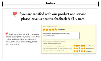 The infographic asks for positive feedback and 5-star ratings if satisfied with the MOJOYCE Adjustable Alloy Clamp for Secure Mobile Repairs, showcases a sample 5-star review, and encourages contacting the seller directly to resolve issues instead of leaving negative feedback.