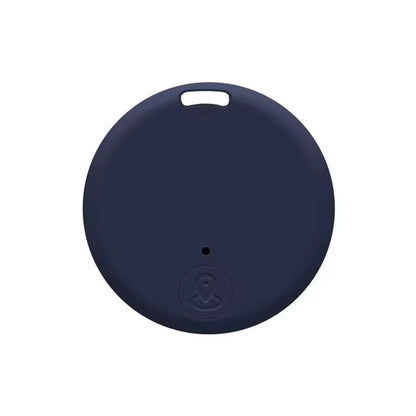 The Mini Bluetooth GPS Tracker is a navy blue, round device with a location pin symbol and keychain cutout. It offers real-time tracking, ideal for on-the-go security for pets and kids. The bottom of the white-background tracker features a small hole.