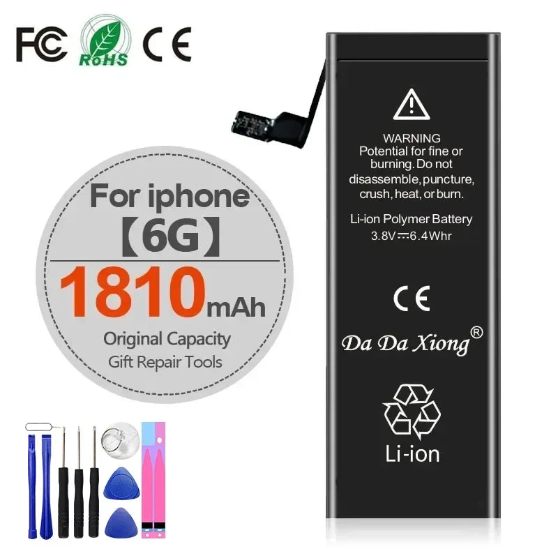 Product image of High Capacity iPhone Battery 4-11 Pro Max 1800mAh+ with warning label, certification logos, and repair tools. Compatible with iPhone 4 to 11 Pro Max for extended battery life.
